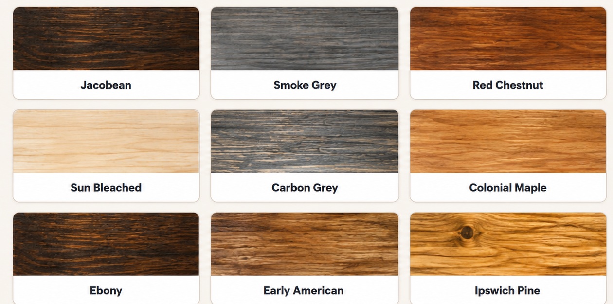 Available stain colours: Jacobean, Smoke Grey, Red Chestnut, Sun Bleached, Carbon Grey, Colonial Maple, Ebony, Early American and Ipswich Pine