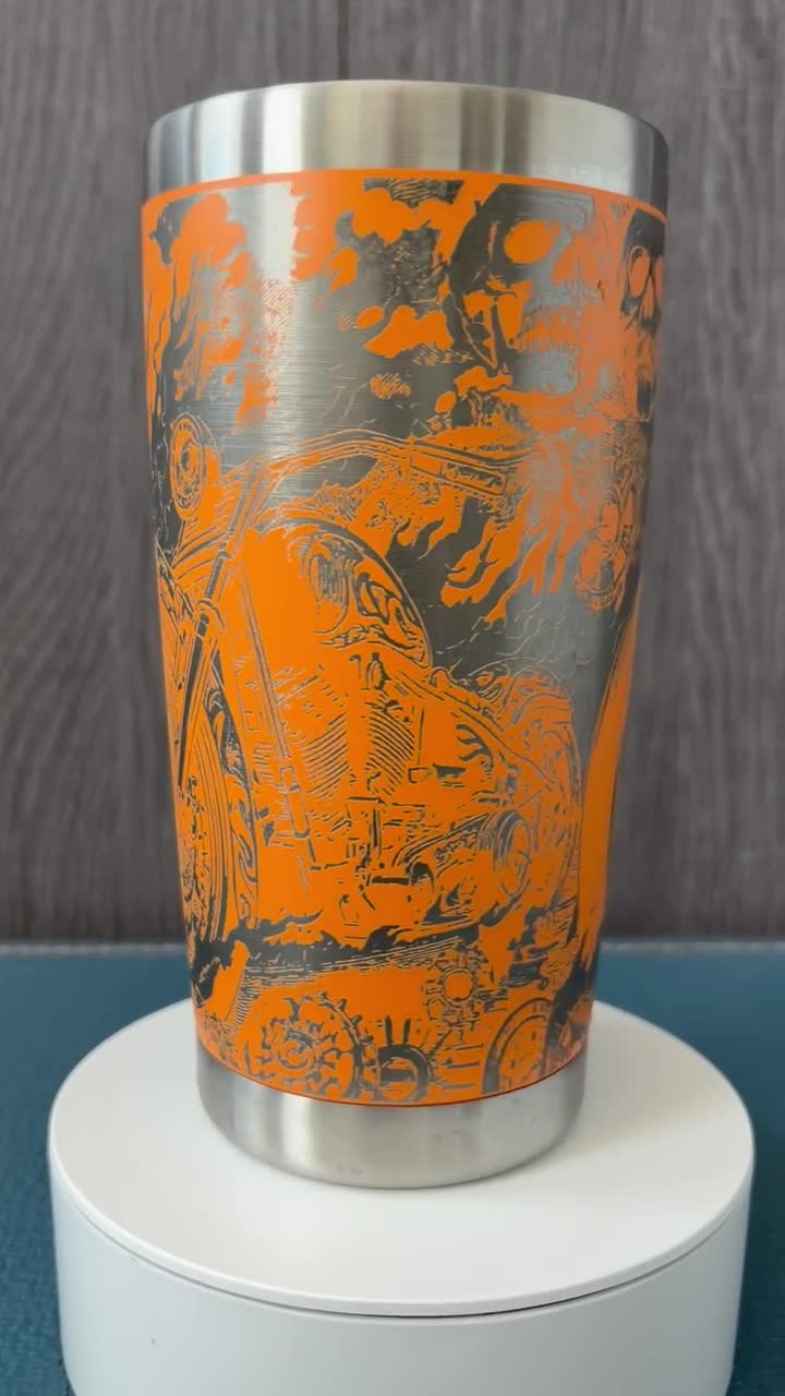 Orange engraved motorcycle tumbler