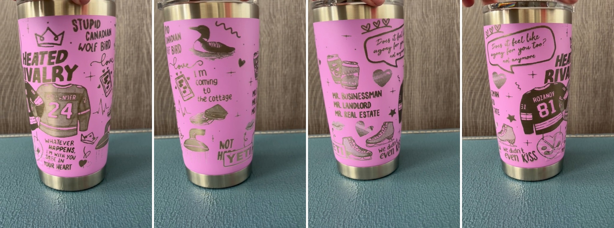 Four views of custom engraved tumbler design 1