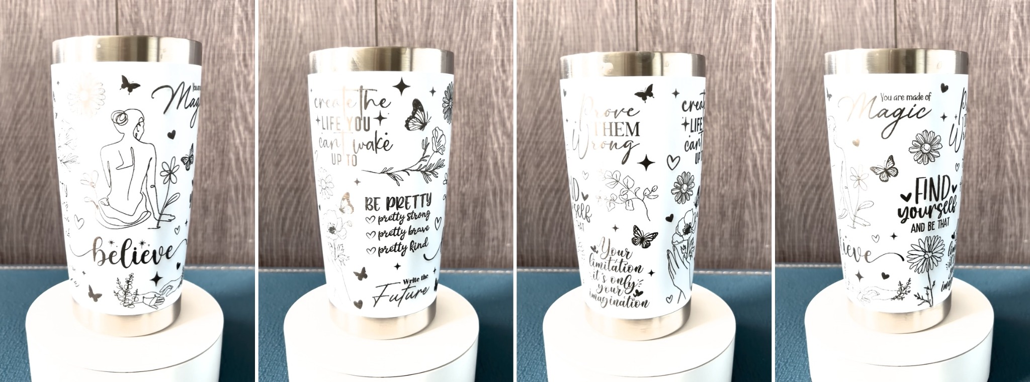 Four views of custom engraved tumbler design 2
