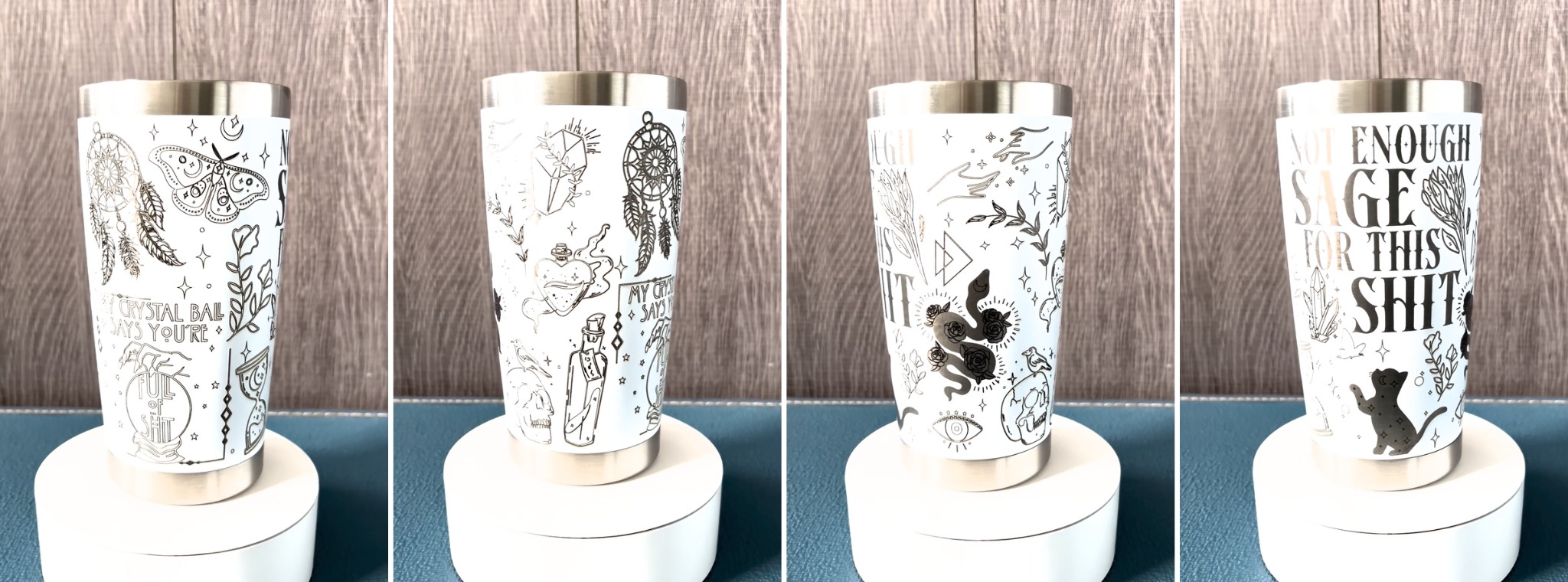 Four views of custom engraved tumbler design 3