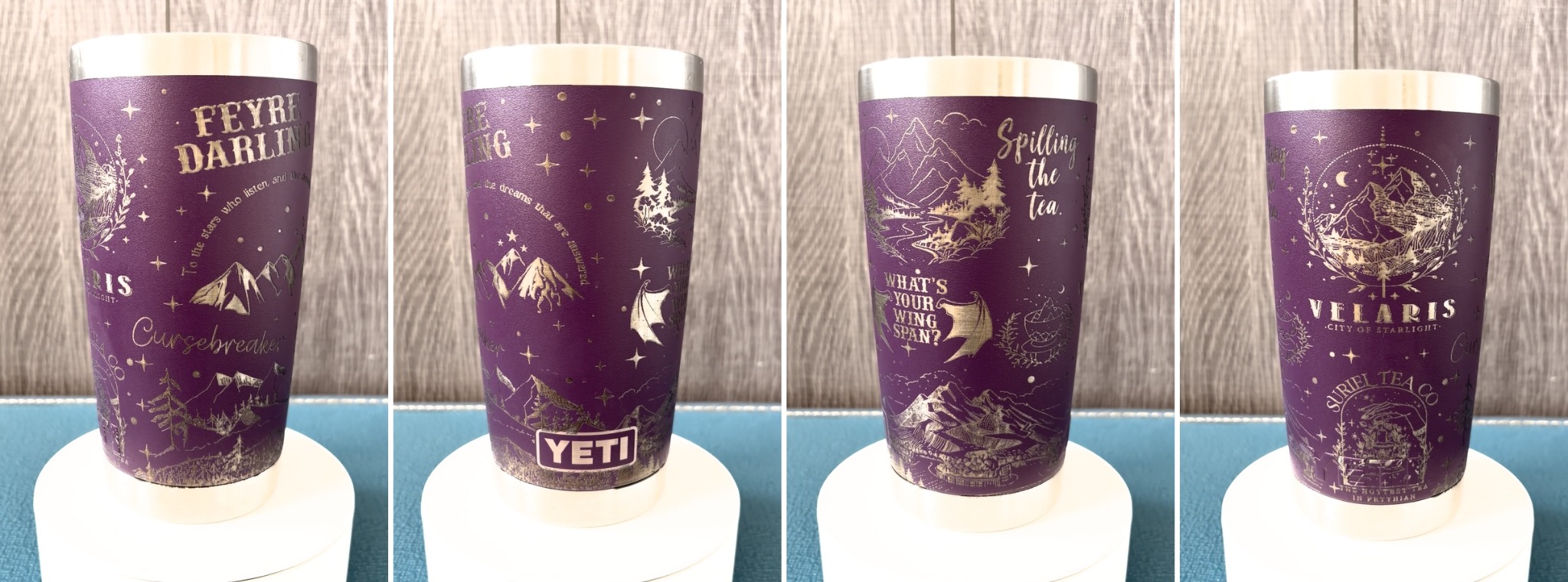 Four views of custom engraved tumbler design 4