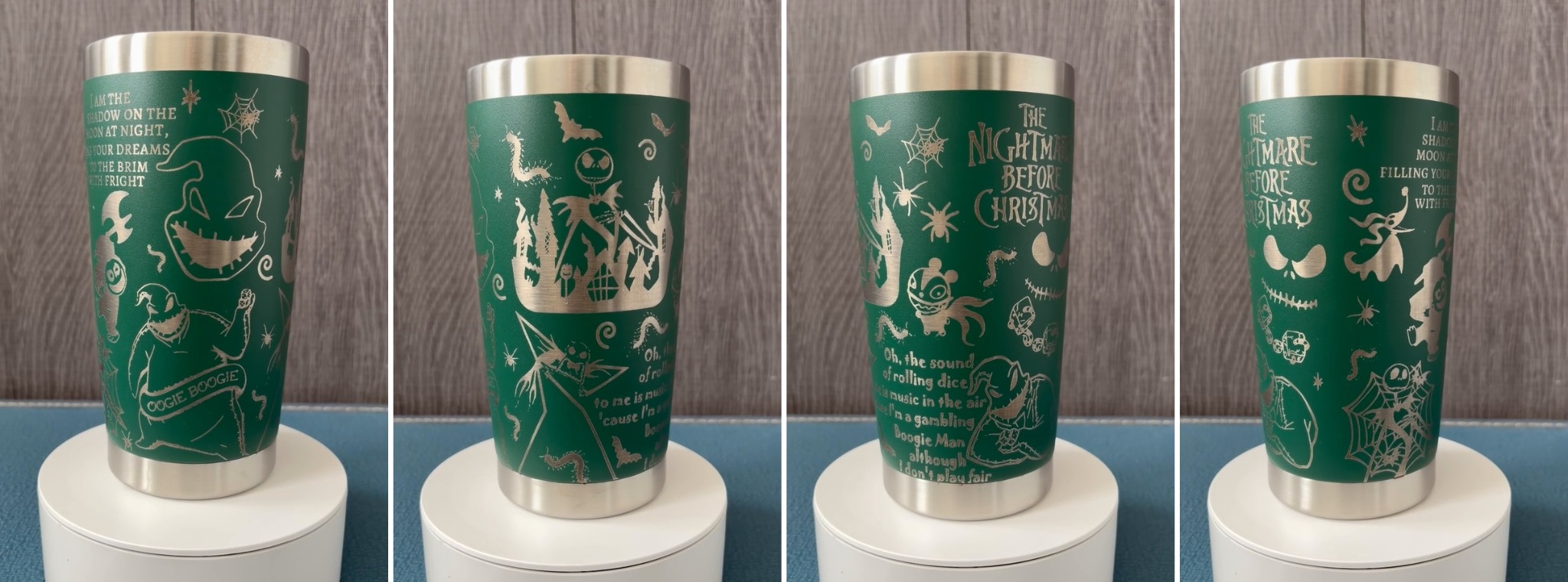 Four views of custom engraved tumbler design 5