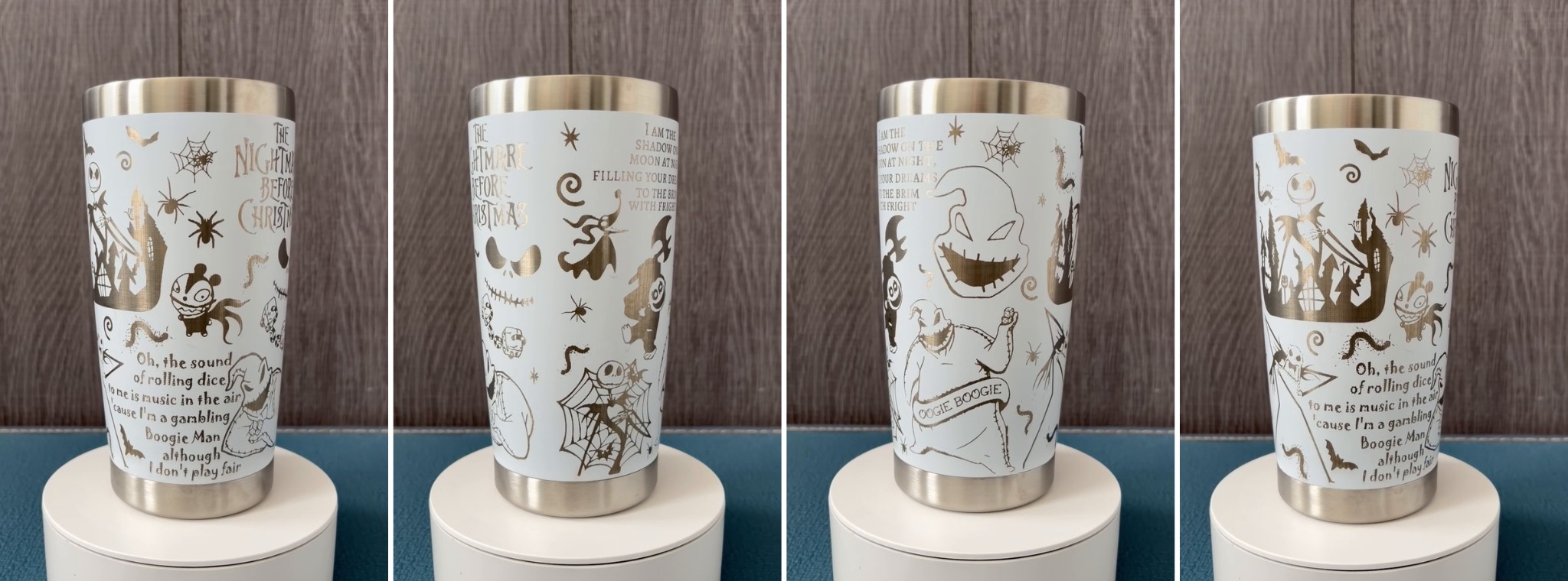 Four views of custom engraved tumbler design 6