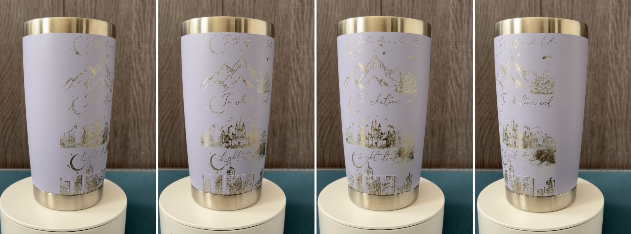 Four views of custom engraved tumbler design 7