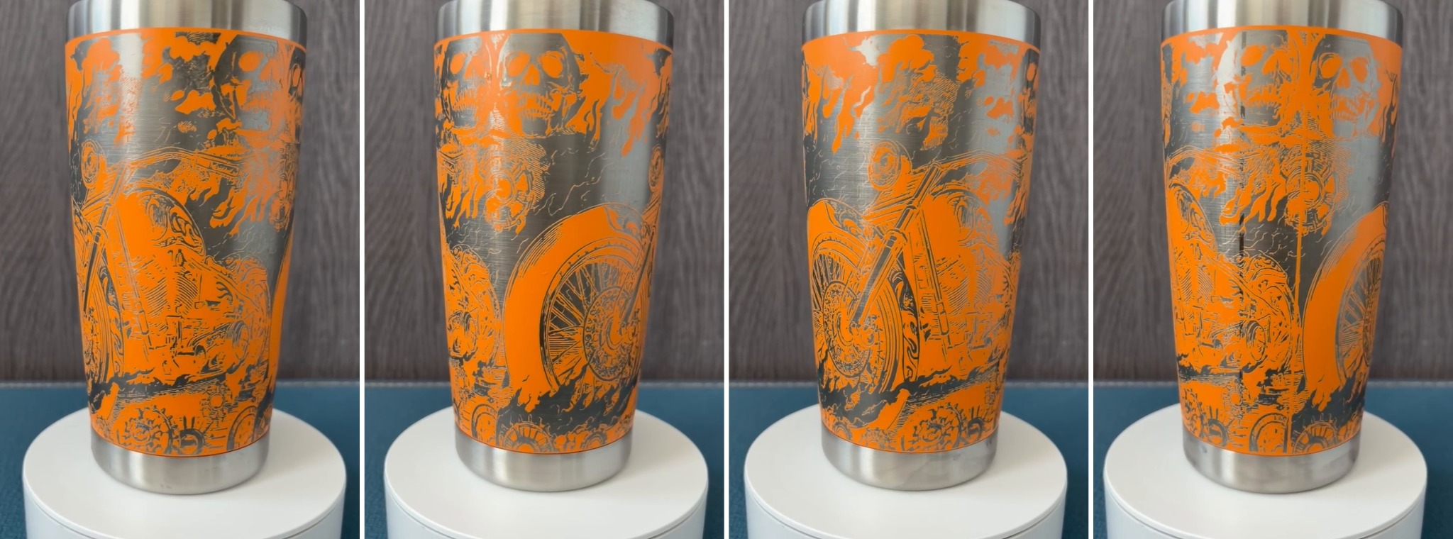 Four views of custom engraved tumbler design 8