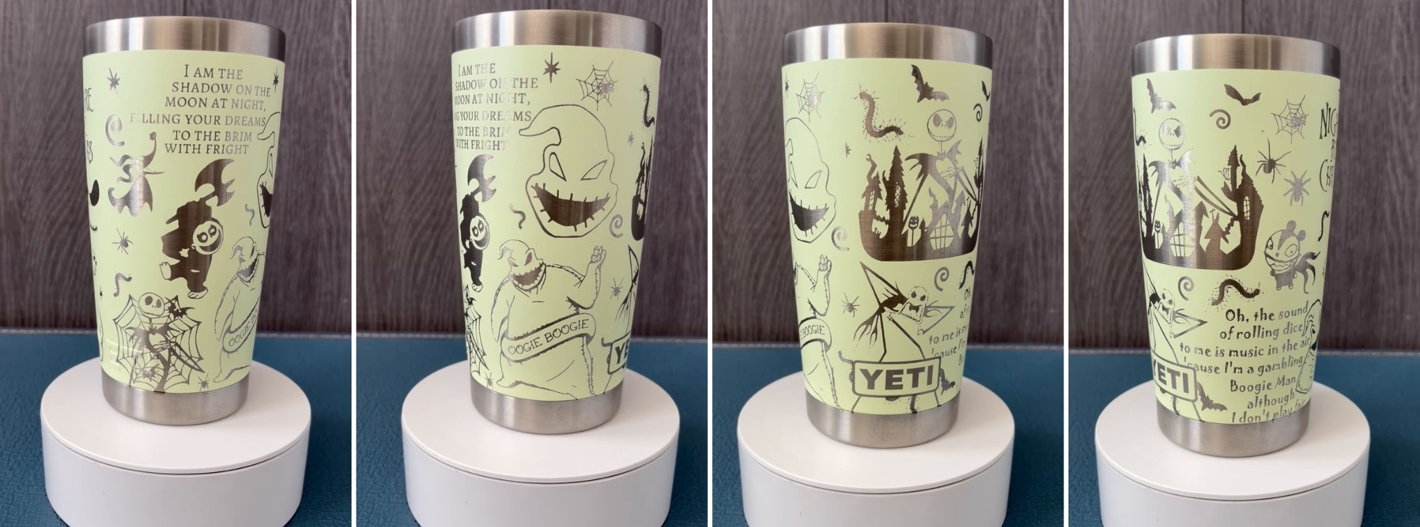 Four views of custom engraved tumbler design 9