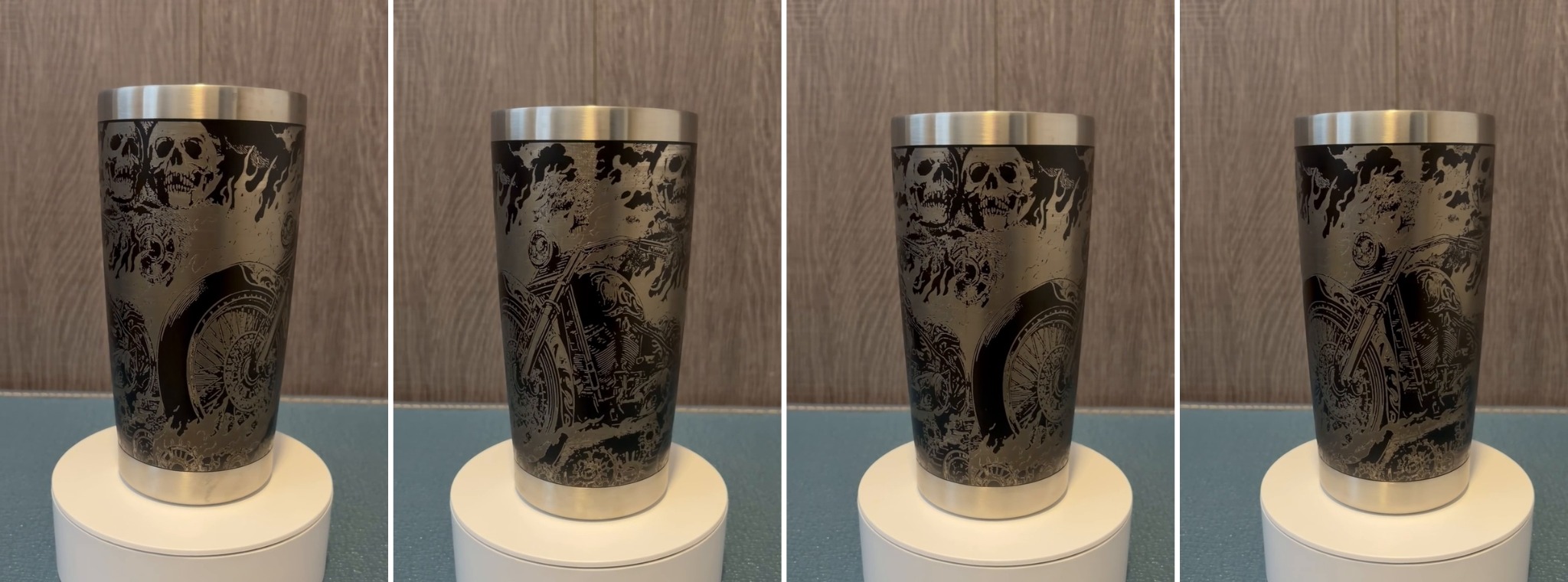 Four views of custom engraved tumbler design 10