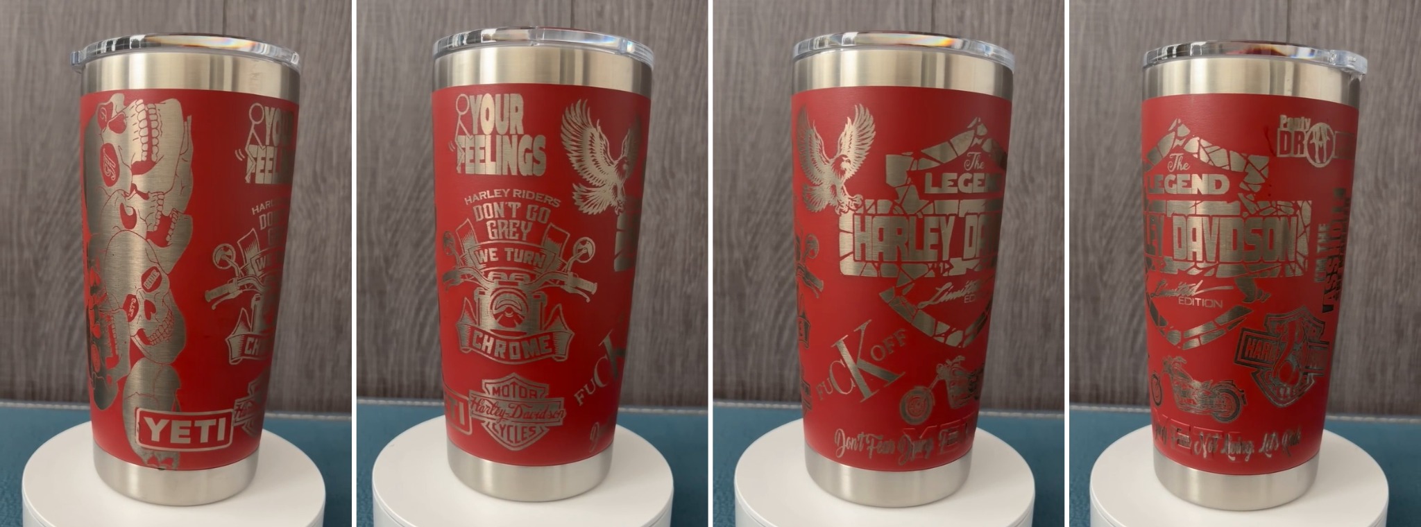 Four views of custom engraved tumbler design 11