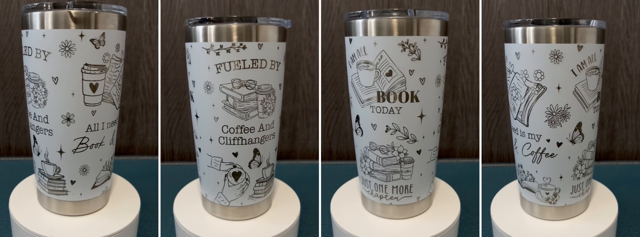 Four views of custom engraved tumbler design 12